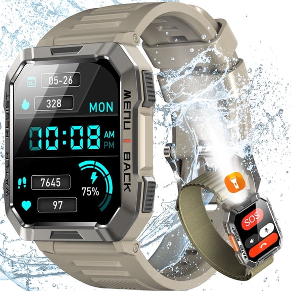 IOWODO Military Smart Watch For Men, 2.01" Hd Smart Watches With Multiple Sports Modes Fitness Tracker And Health Mode, 900mah Battery Led Flashlight Outdoor Smartwatch For Ios Android Gray