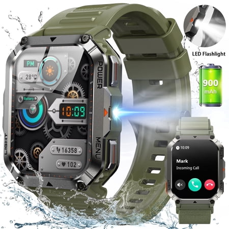 IOWODO Military Smart Watch for Men with 900mAh Battery,2.01'' Large Smartwatch with Answer Make Call,,1ATM Waterproof Sport Fitness Watch fits for Android and IOS Green
