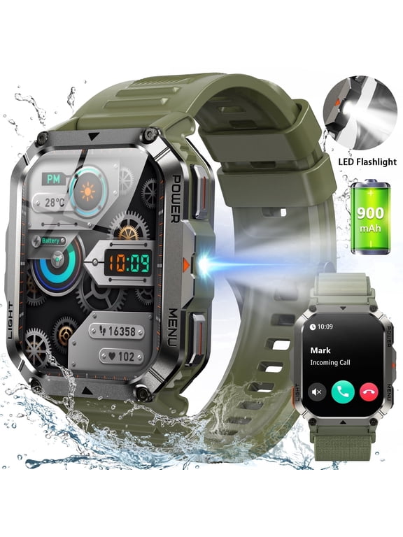 Military Smart Watch for Men with 900mAh Battery,2.01'' Large Smartwatch with Answer Make Call,,1ATM Waterproof Sport Fitness Watch fits for Android and IOS Green