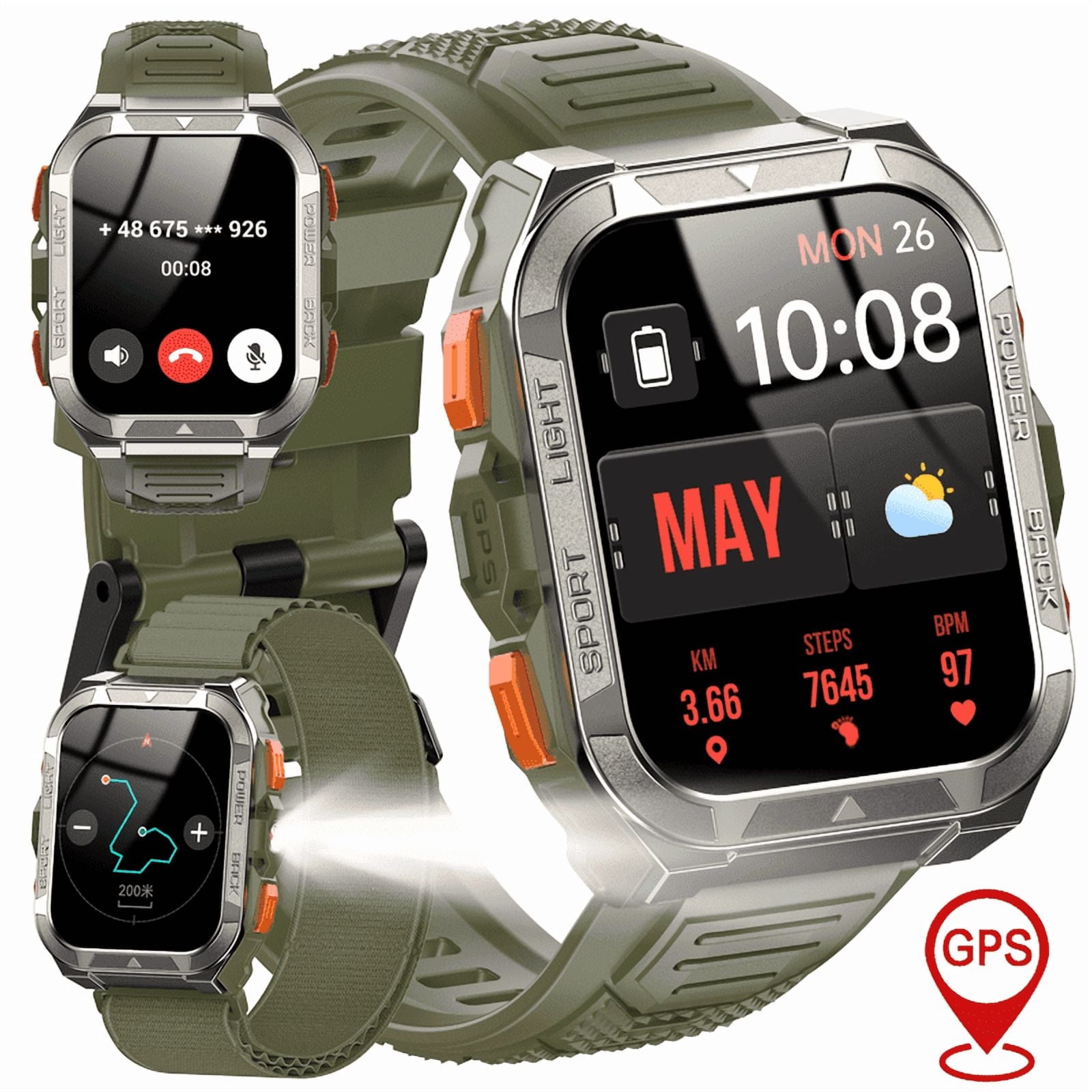 IOWODO Military Smart Watch for Men with 900mAh Battery GPS,1.91'' Large Smartwatch with Answer Make Call,Health monitoring 1ATM Waterproof Sport Fitness Watch,Nylon Strap Green