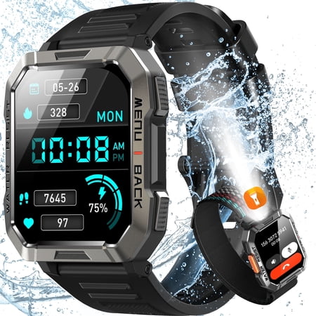IOWODO Military Smart Watch for Men, 2.01-inch fits for Android and Iphone Devices, Waterproof Fitness Tracker Watches with Answer/Make Calls/100+ Sport Modes/LED Flashlight (Black)