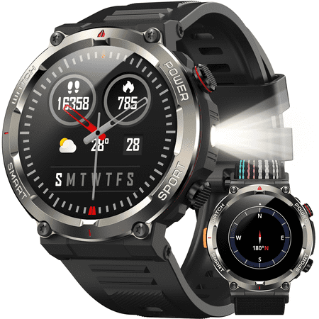 IOWODO Smart Watch for Men, 1.45" HD Round Display Bluetooth Calling Smartwatch with Flashlight, Compass, 960mAh Long Battery, 100+ Sports Modes, Military Style Fitness Watch for Android iPhone