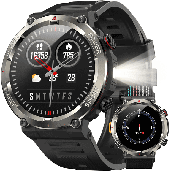 IOWODO Smart Watch for Men, 1.45" HD Round Display Bluetooth Calling Smartwatch with Flashlight, Compass, 960mAh Long Battery, 100+ Sports Modes, Military Style Fitness Watch for Android iPhone