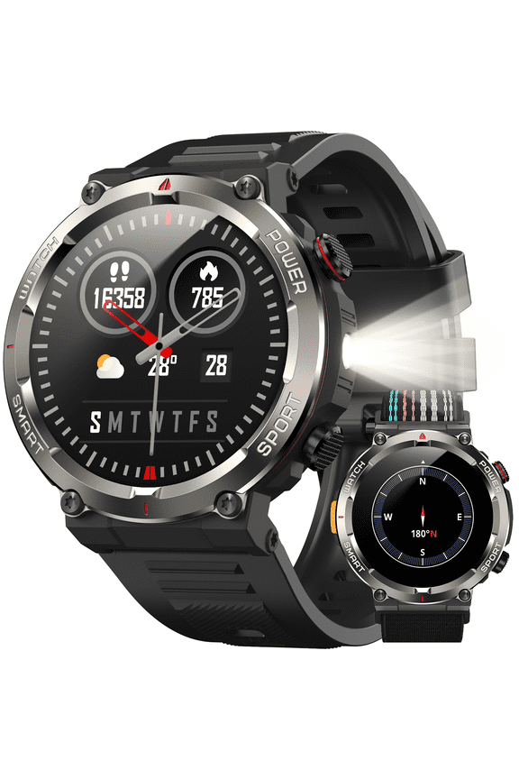 Smart Watch for Men, 1.45" HD Round Display Bluetooth Calling Smartwatch with Flashlight, Compass, 960mAh Long Battery, 100+ Sports Modes, Military Style Fitness Watch for Android iPhone