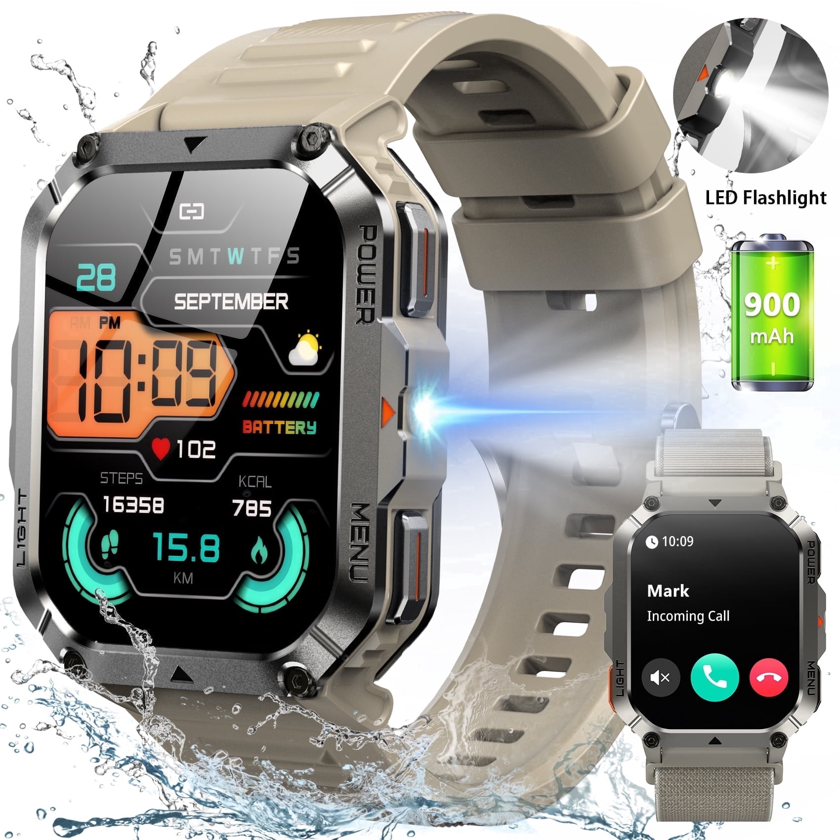 IOWODO Military Smartwatch for Men with Fitness Tracker, 2.01'' Answer/Make Calls/100+ Sport Modes, IP68 Waterproof, Hiking Travel Pedometer Watch compatible with Android IPhone Devices Gray