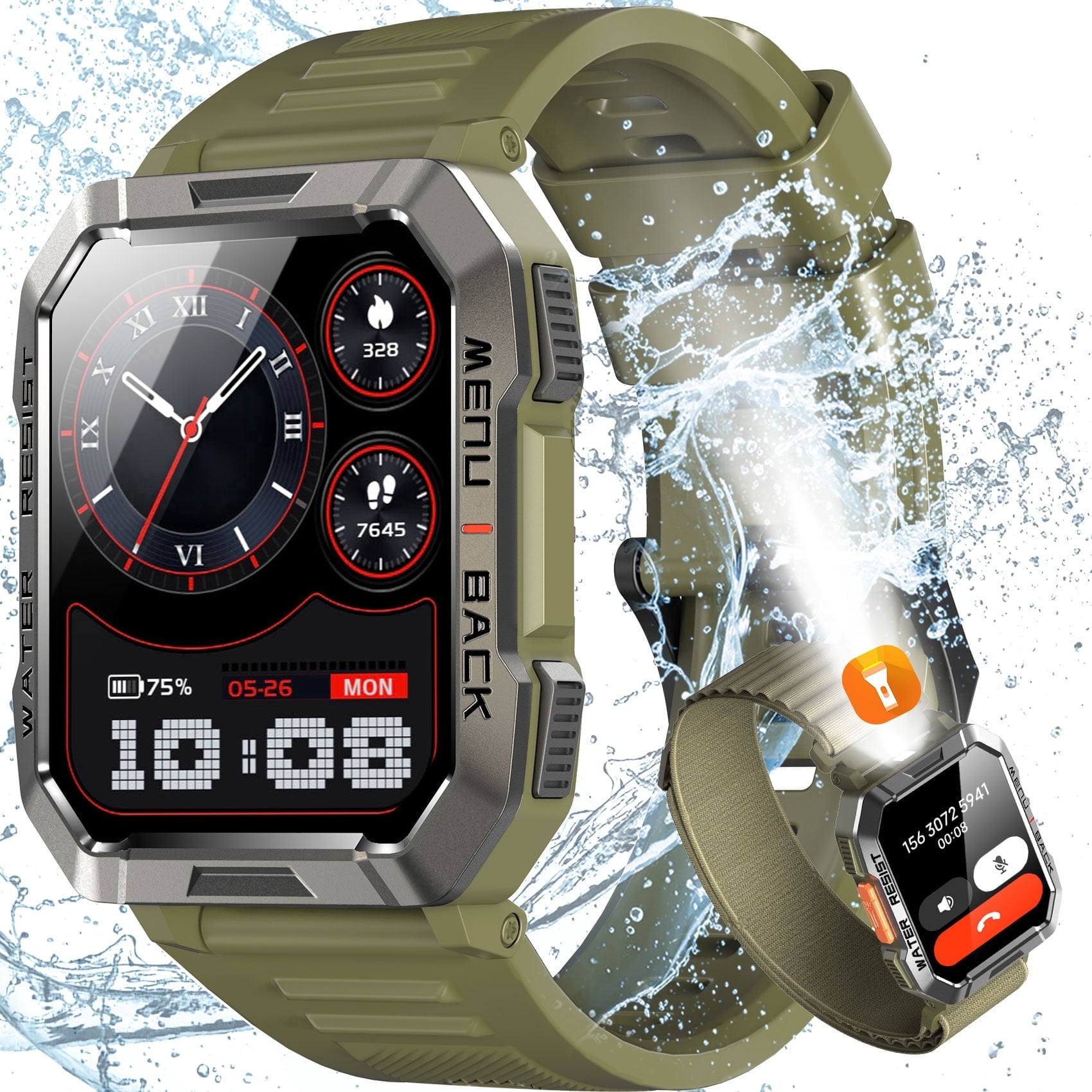 IOWODO Smart Watch For Men Answer/Make Calls, 2.01" Hd Fitness Watch With100+ Sports Modes Activity Trackers, Ip68 Waterproof Outdoor Smartwatch For Ios Android Green