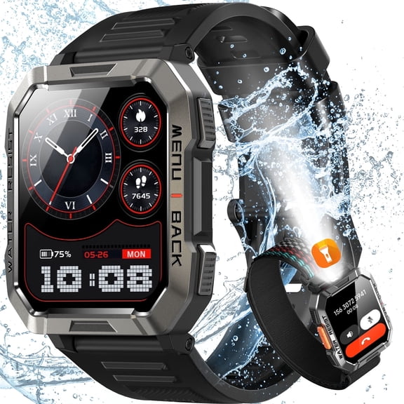 IOWODO Rugged Smart Watch for Men, 2.01" HD Display Bluetooth Calling Smartwatch with 900mAh Battery, Flashlight, Compass, 100+ Sports Modes, Metal Design Watch for Android iPhone