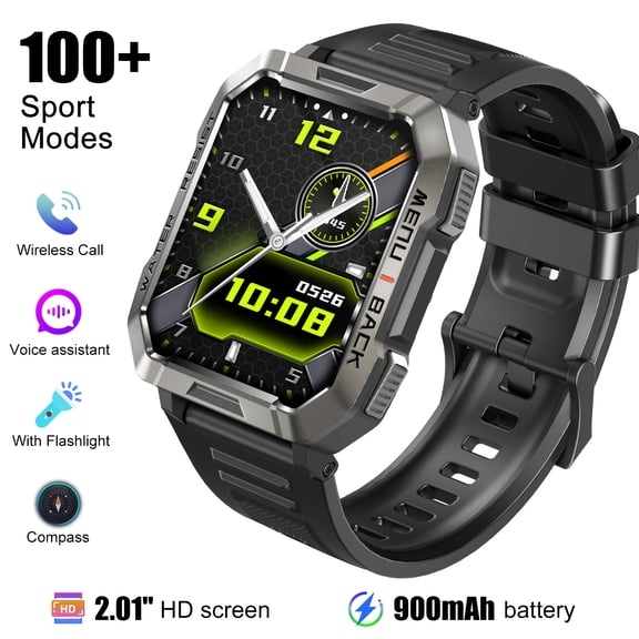 IOWODO Smart Watch For Men Military Watches Answer/Make Calls, 2.01" Outdoor Sports 900mah Battery/Flashlight/Compass And Multiple Sports Smartwatch For Android Ios Black