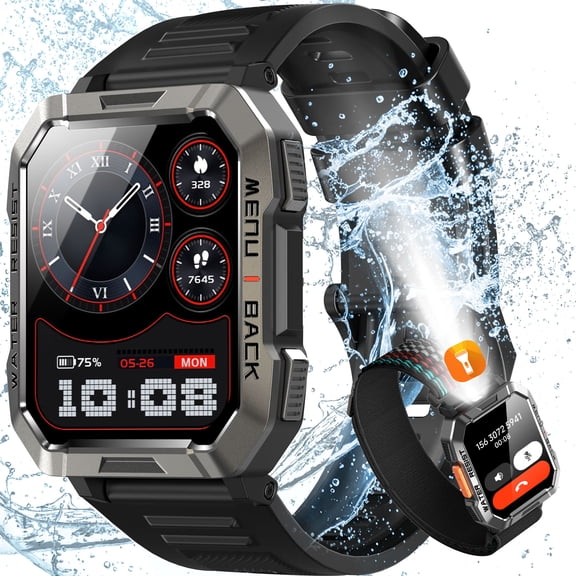 IOWODO 2.01-inch Men Military Smartwatch with Answer/Make Calls/100+ Sport Modes, 1ATM Waterproof Fitness Tracker with LED Flashlight, Travel Pedometer Watch fits for Android/Iphone Devices (Black)