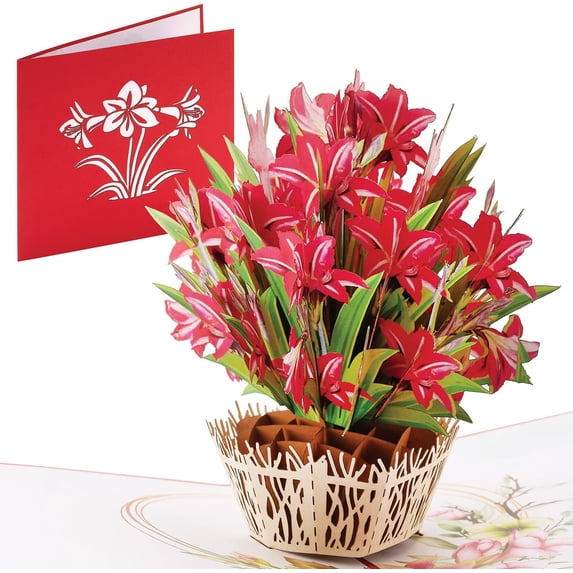 IOYOUNOW Red Amaryllis Flower Bouquet – 6x6 Pop Up Flower Bouquet Card, Paper Flower Bouquet Greetings Card | Perfect for Anniversary, Valentines Day, Birthday- Paper Flower To Show Love And Passion