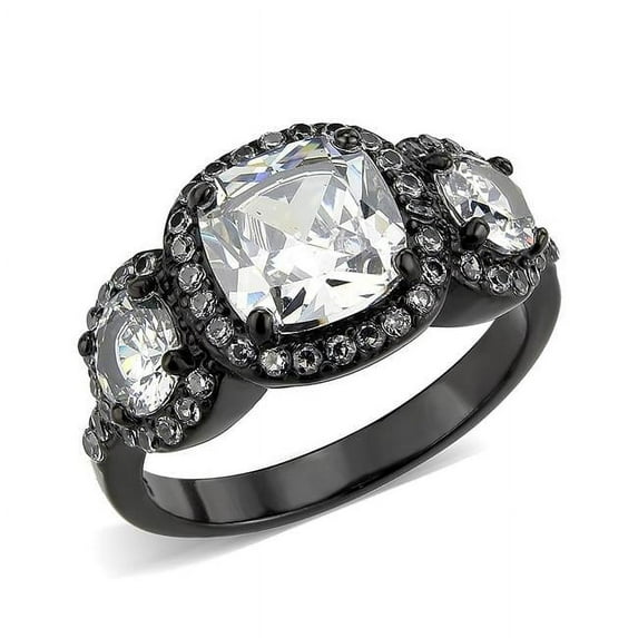 IP Black Ion Plating Stainless Steel Ring with AAA Grade CZ, Clear - Size 7