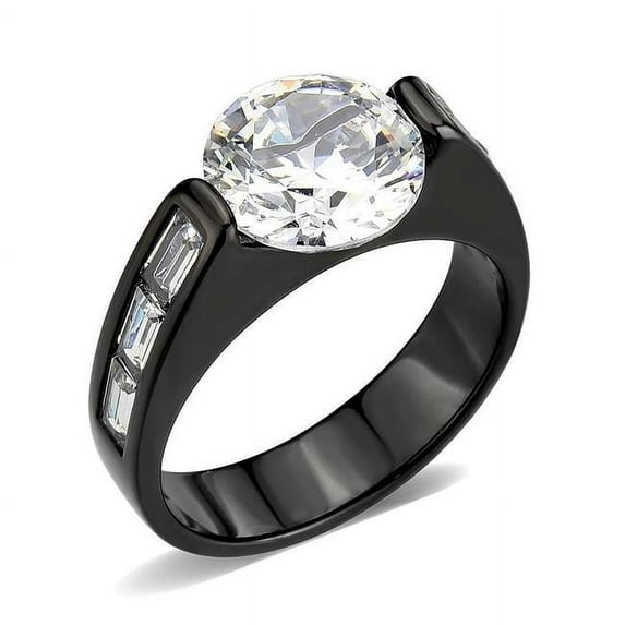 IP Black Ion Plating Stainless Steel Ring with AAA Grade CZ, Clear - Size 9