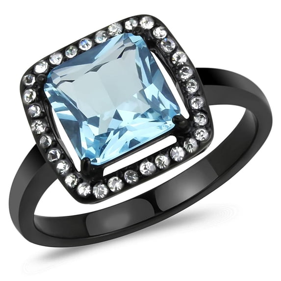 IP Black(Ion Plating) Stainless Steel Ring with Synthetic Synthetic Glass in Sea Blue for Women Sea Blue Stone Color Style TK3447 Size 5