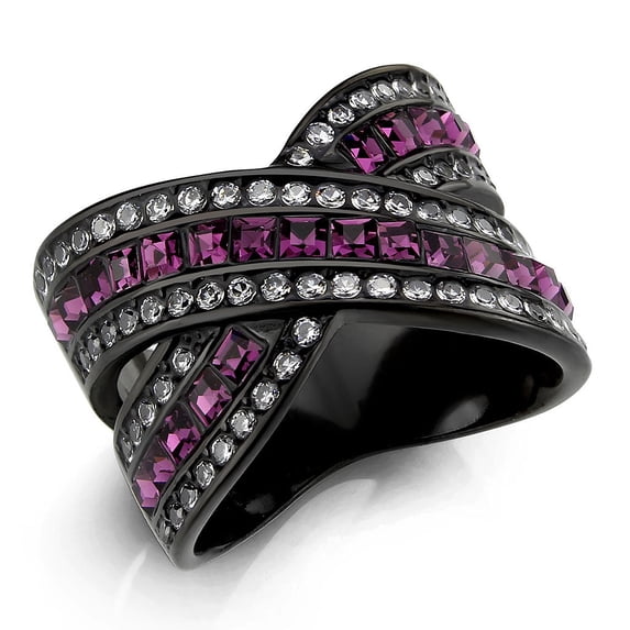 IP Black (Ion Plating) Stainless Steel Ring with Top Grade Crystal in Amethyst for Women Style TK3791 Size 7