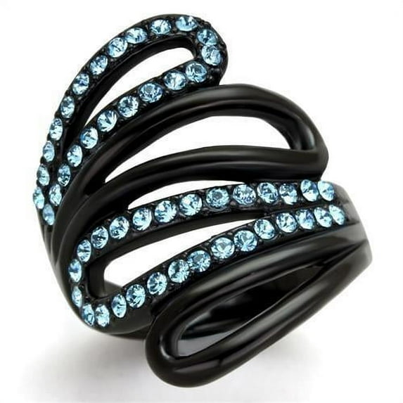 IP Black(Ion Plating) Stainless Steel Ring with Top Grade Crystal in Sea Blue for Women Sea Blue Stone Color Style TK1835 Size 7