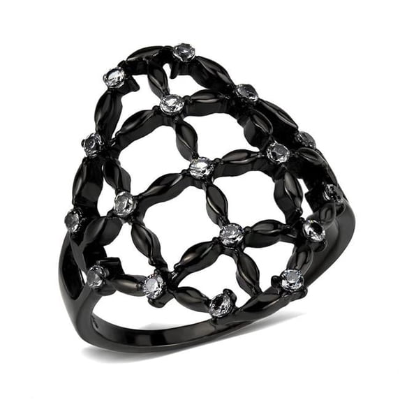 IP Black Stainless Steel Ring with AAA Grade CZ, Clear - Size 6