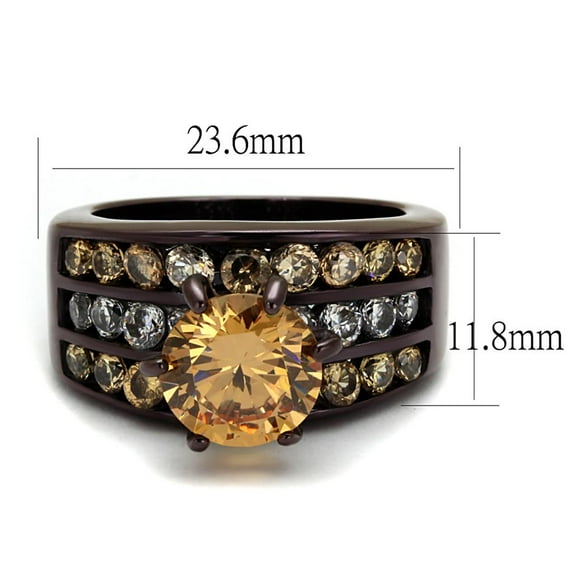 IP Dark Brown (IP coffee) Stainless Steel Ring with AAA Grade CZ in Champagne for Women Champagne Stone Color Style TK2681 Size 10