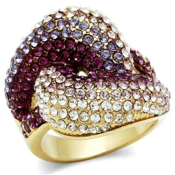 IP Gold Ion Plating Brass Ring with Top Grade Crystal, Multi Color - Size 9