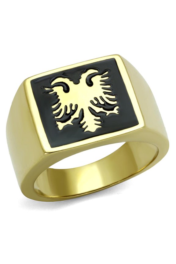 IP Gold(Ion Plating) Stainless Steel Ring with Epoxy in Jet for Women Jet Stone Color Style TK2373 Size 9