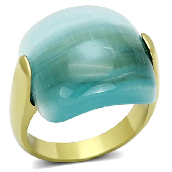 IP Gold(Ion Plating) Stainless Steel Ring with Synthetic Cat Eye in Sea Blue for Women Sea Blue Stone Color Style TK1237 Size 9