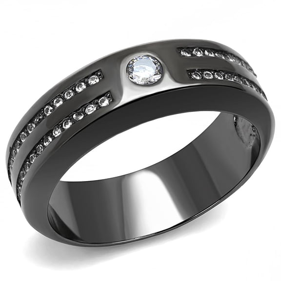 IP Light Black (IP Gun) Stainless Steel Ring with AAA Grade CZ in Clear for Women Clear Stone Color Style TK3275 Size 9
