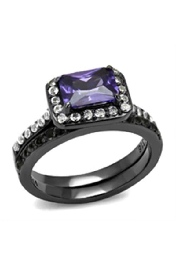 IP Light Black (IP Gun) Stainless Steel Ring with AAA Grade CZ in Tanzanite for Women Tanzanite Stone Color Style TK2778 Size 8