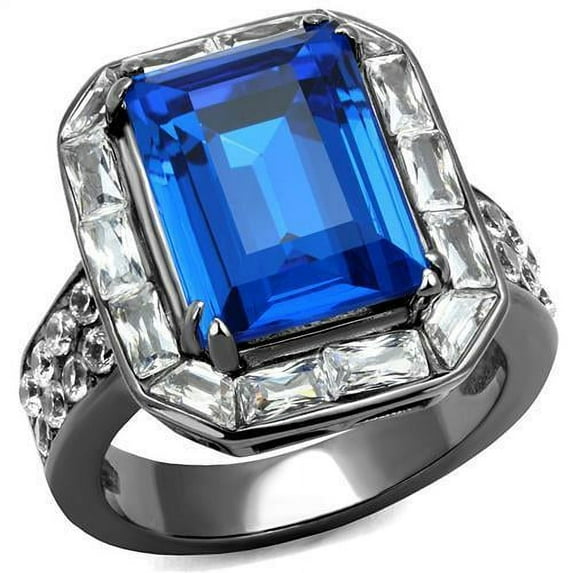 IP Light Black (IP Gun) Stainless Steel Ring with Top Grade Crystal in Capri Blue for Women Capri Blue Stone Color Style TK2758 Size 7