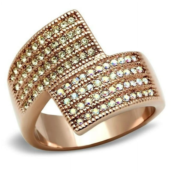 IP Rose Gold Ion Plating Brass Ring with Top Grade Crystal, Multi Color - Size 8