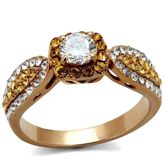 IP Rose Gold Ion Plating Stainless Steel Ring with AAA Grade CZ, Clear - Size 8