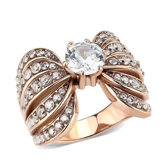 IP Rose Gold(Ion Plating) Stainless Steel Ring with AAA Grade CZ in Clear for Women Style TK3786 Size 9