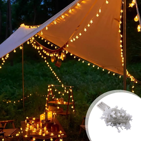 IP44 Warm Yellow Battery-Powered LED Camping String Lights - 100 Star Shapes, Dimmable Outdoor Patio Tent Decor with Flashing Mode, Extendable Camp Light for Parties & Travel