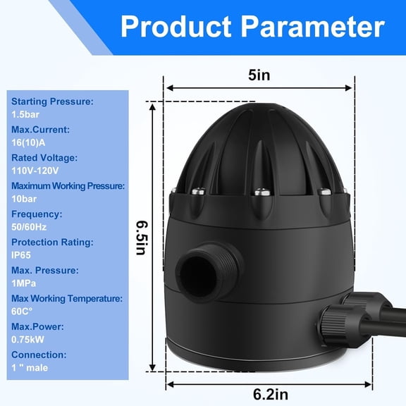 IP65 Automatic Pump Controller, Rotary Adjustment, Metal Pump Connector, Electronic Switch Control Water Pump Pressure Controller, 110V/0.75KW/1MPa, TV, Ideal for Home, Garden, and Industrial Use.