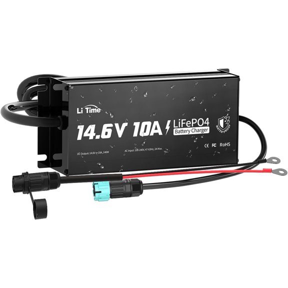 IP65 Waterproof 14.6V 10A LiFePO4 Onboard Charger, Fast Charging, 4 Safety Protections, Better Charging Performance, Extend Lithium Batteries Life, with LED Indicator, Outdoor & Marine Use