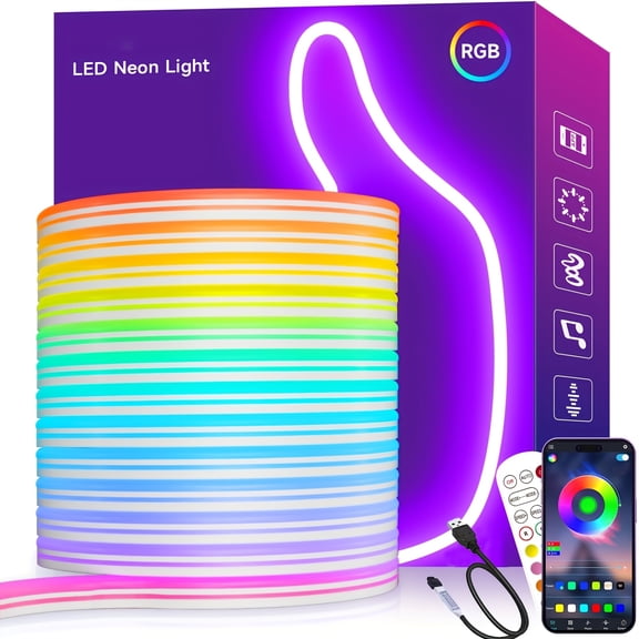 IP65 Waterproof RGB Neon LED Light Strip, 3.2/9.8/16.4Ft, App & Remote Control Music Sync Color Changing Neon Rope Light for Indoor Outdoor Bedroom Gaming Decor