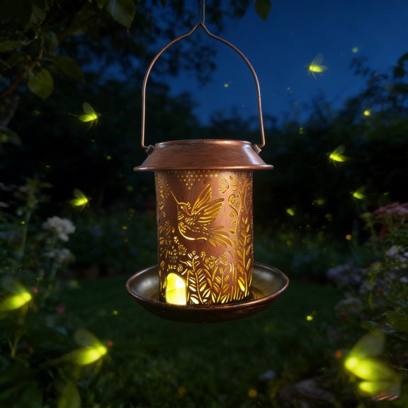 IP65 Waterproof Solar Metal Bird Feeder Light, Hollow Hummingbird Cutout Projection LED Solar Light, Rustproof Iron Hanging Wild Bird Seed Feeding Tray, Outdoor Garden Backyard Decor Bird Lover Gift