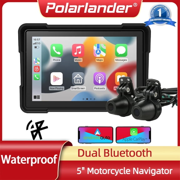IP66 Waterproof Dual 1080P Cameras 5 Inch 1000nit Motorcycle GPS Screen Wireless CarPlay Android Auto