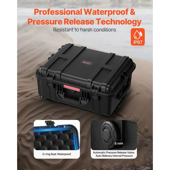 IP67 Rated Waterproof Hard Case with Customizable Foam, 57x45x28cm Rolling Dry Box with Pull Handle for Sensitive Electronics, Camera, Rifle Scopes