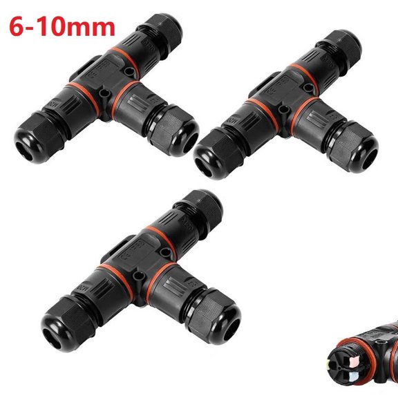 IP68 Waterproof 3-Pin Cable Connector, T-Shape Junction Box For 3 Core Wire, ABS PVC Electrical Terminal Block, Screw Locking For Outdoor Street Landscape Lighting, 3 Pack(6-10mm)