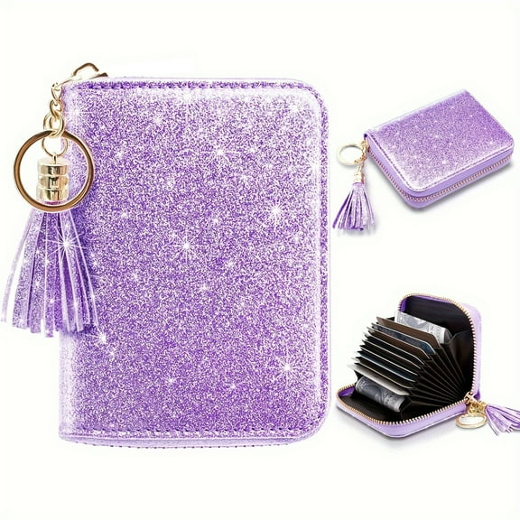 IPAPA Women's Small Credit Card Glitter Wallet RFID Cute Credit Card Holder Wallet for Women, Glitter Purple, Small and Simple