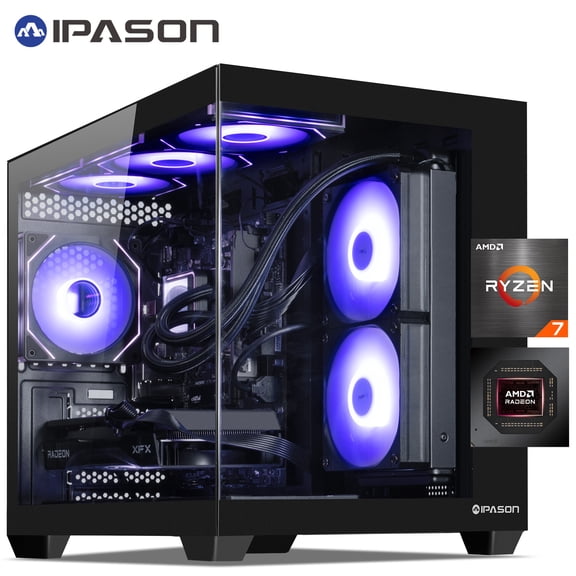 IPASON Gaming Desktop PC, AMD Ryzen 7 5700X, Radeon RX 9060 XT 8GB, 16GB DDR4 RAM, 1TB M2 NVMe SSD, 550W PSU, WiFi, Windows 11