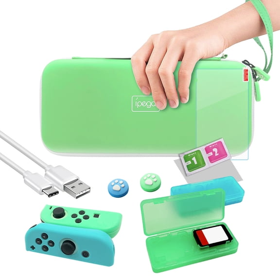 IPEGA 12-in-1 Animal Crossing Accessory Kit for Nintendo Switch - Carrying Case + Silicone Joy-Con Covers + Game Card Holder + Tempered Glass Screen Protector