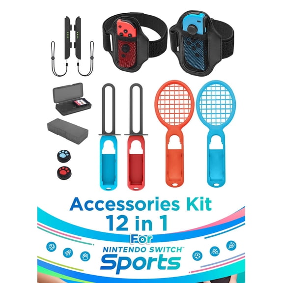IPEGA 12-in-1 Motion Control Accessory Kit for Nintendo Switch Sports - Silicone Thumb Grips, Wrist Straps, Leg Bands & Tennis Rackets, All-in-One Bundle for Family Game Nights
