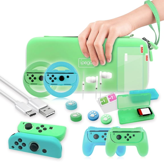 IPEGA 26-in-1 Animal Crossing Accessory Bundle for Nintendo Switch - Carrying Case + Game Card Holder + Tempered Glass + Joy-Con Grips + Headphones + Charging Cable, Ultimate ACNH Gaming Kit