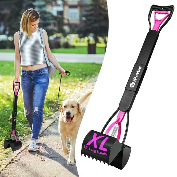 iPetba 32" Pooper Scooper for Large Dogs, Long Handle Dog Poop Scooper for Yard Foldable Dogs Poop Picker Upper Rose Pink