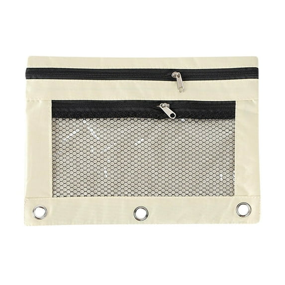 IPEWLEX 3 Ring Binder Pencil Pouch - 2 Zipper Compartments with Clear View Window, Cloth Cosmetic Bag & Pull Ring