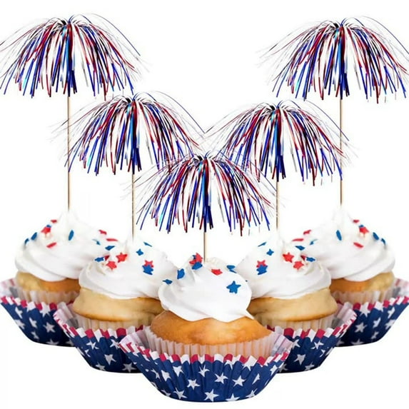 IPEWLEX 30pc Independence Day Firecracker Cake Toppers - Red White Blue Disposable Cocktail Sticks, Patriotic Dessert Decorations for 4th of July Party
