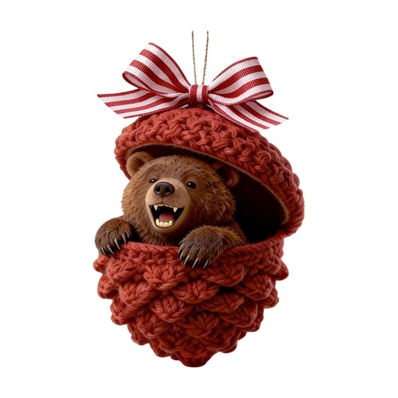 IPEWLEX Bear in Pinecone Christmas Ornament – Cute Animal Design with Red & White Ribbon Hanging Loop