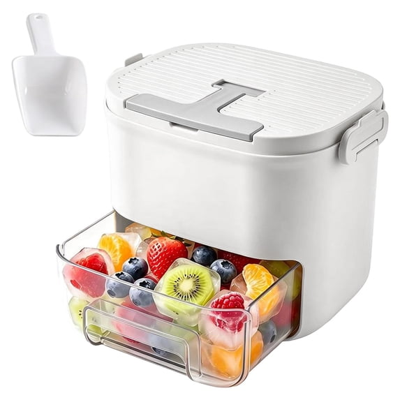IPEWLEX Ice Cube Storage Container with Drawer & Scoop – Press-Lid Ice Mold Tray Bin with Slide-Out Drawer for Kitchen, Home, Parties & Chilled Beverages