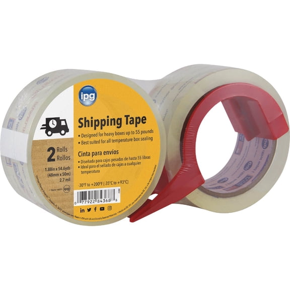 IPG Clear Shipping Tape, 1.88" x 54.6 yd, (2-Pack With Dispenser)