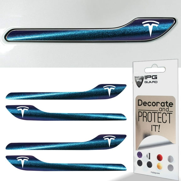 IPG Compatible for Model 3 / Model Y Door Handle Decal Sticker Wrap Kit (Set of 4) with Tesla Logo Personalize Your Tesla (Chameleon - Purple to Navy Blue)